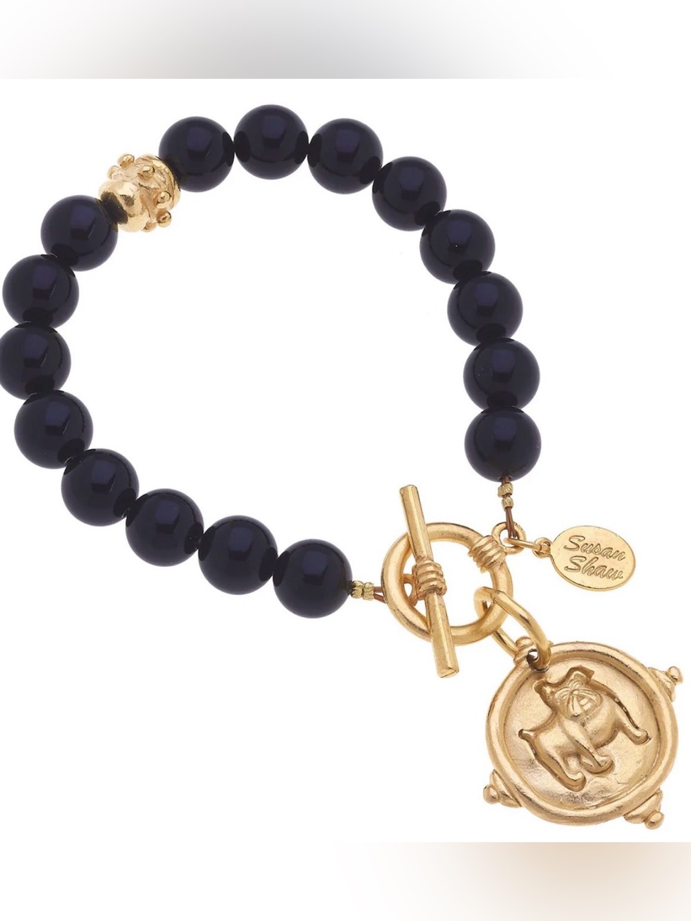 Susan Shaw NWT Black Bead Bracelet with Gold Medallion Bulldog box and bag $106
